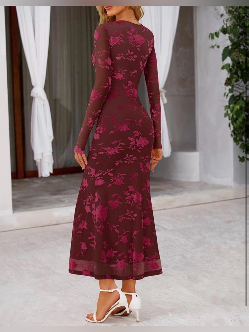 MEROKEETY 2026 Long Sleeve Bodycon Floral Mesh Fall Cocktail Formal Party Dress - Picture 5 of 8